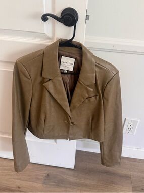 bagatelle Cropped Faux Leather Jacket in Olive-Taupe